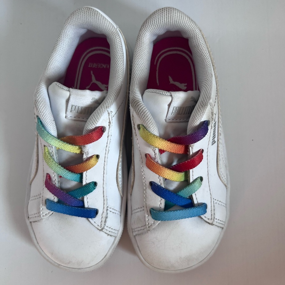 Puma Girls White Sneakers with Rainbow Laces
